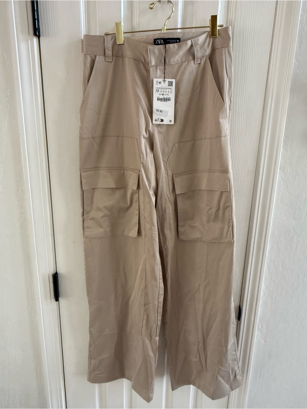 Zara Beige Cargo Wide-Leg Satin  Pants
